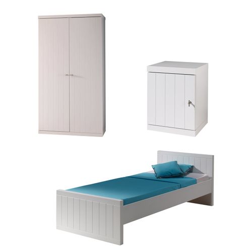Lit 90x200 - Chevet 1 Porte Et Armoire 2 Portes Robin - Blanc
