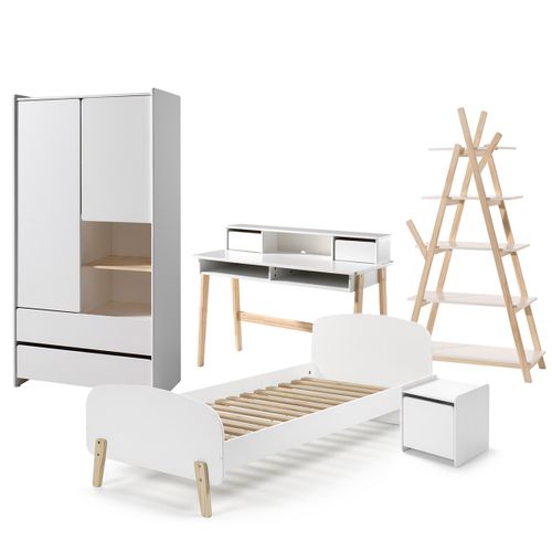 Lit 90x200 - Chevet 1 Porte - Armoire 2 Portes - Bureau Et Bibliothèque Kiddy - Blanc