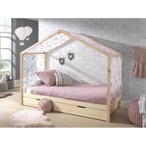 Pack Lit Cabane Enfant, Tiroir et Voile "dallas Ii" 90x200cm Naturel