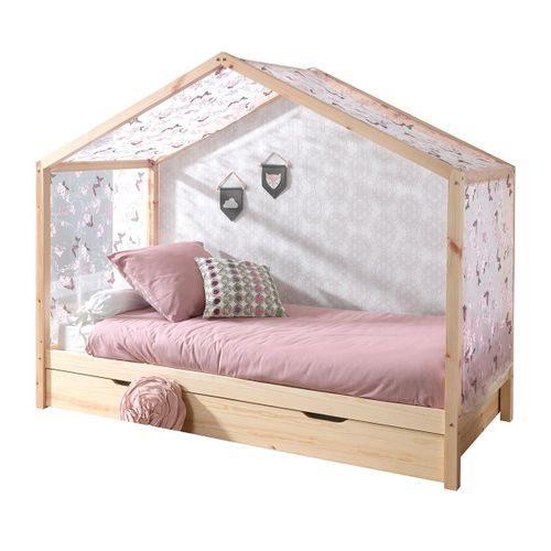 Pack Lit Cabane Enfant, Tiroir et Voile "dallas Ii" 90x200cm Naturel
