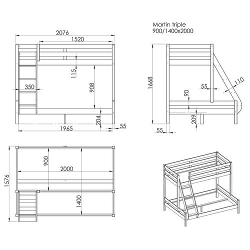 Lit Superposé Triple "pino" 140x200 cm Gris