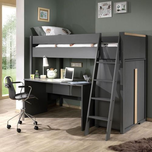 Lit Mezzanine London 90x200 Avec Armoire Et Bureau - Anthracite
