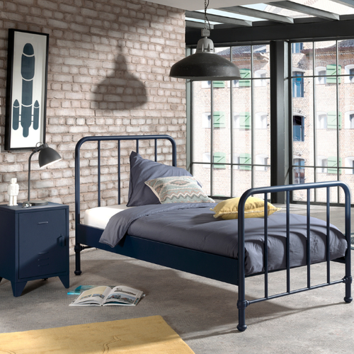 Lit Bronxx Métal 90x200 (sommier Incl.) Avec Table De Chevet-bleu Denim Mat
