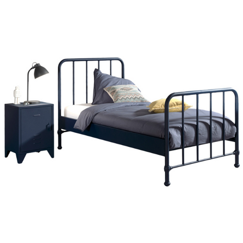 Lit Bronxx Métal 90x200 (sommier Incl.) Avec Table De Chevet-bleu Denim Mat