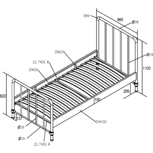 Lit Bronxx Métal 90x200 (sommier Incl.) Avec Table De Chevet-bleu Denim Mat