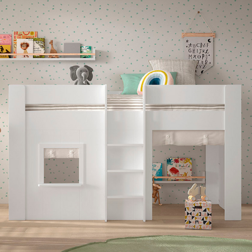 Lit Compact 90x200 Cm Reno Blanc Avec Rideaux Inclus Pour Un Style Élégant