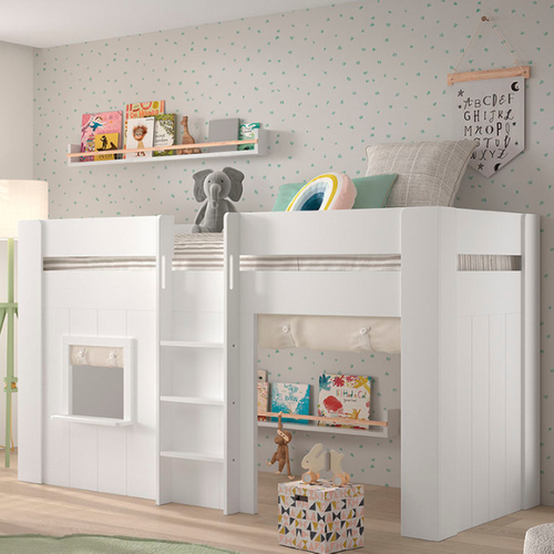 Lit Compact 90x200 Cm Reno Blanc Avec Rideaux Inclus Pour Un Style Élégant