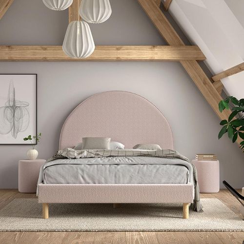 Pack - Lit Adulte et 2 Poufs Bouclés "moon" 140x200cm Rose