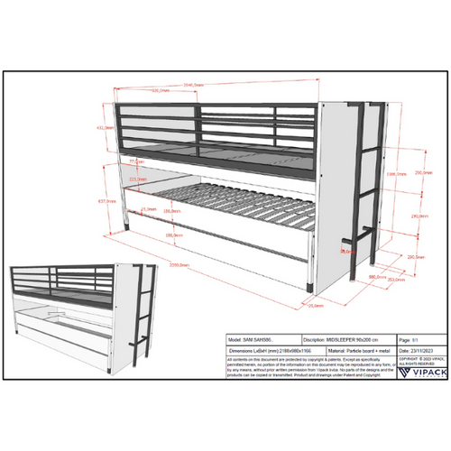 Lit Mi-hauteur Sammie 90x200cm Avec 2 Lits, Tiroir De Lit Et Bureau - Blanc