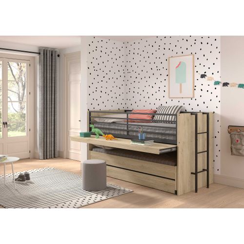 Lit Mi-hauteur Sammie 90x200cm Avec 2 Lits, Tiroir De Lit Et Bureau - Décor Chêne