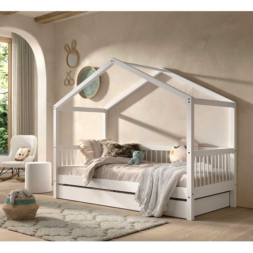 Lit Maison Forrest 90x200cm Avec Lit Gigogne - Bois De Hêtre Massif - Blanc