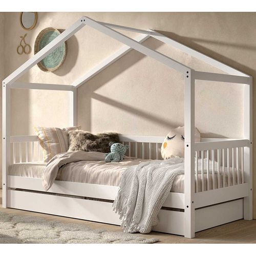 Lit Maison Forrest 90x200cm Avec Lit Gigogne - Bois De Hêtre Massif - Blanc