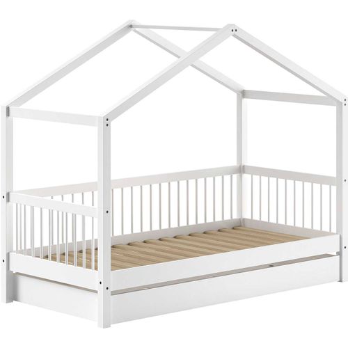 Lit Maison Forrest 90x200cm Avec Lit Gigogne - Bois De Hêtre Massif - Blanc