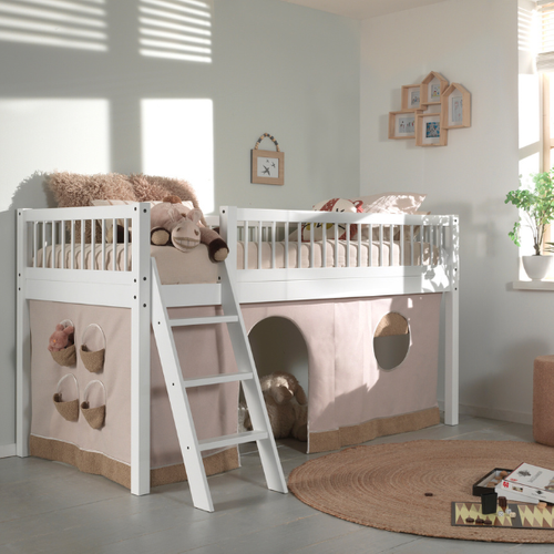 Lit Mezzanine Forrest 90x200cm Avec Tente De Lit - Bois De Hêtre Massif - Blanc