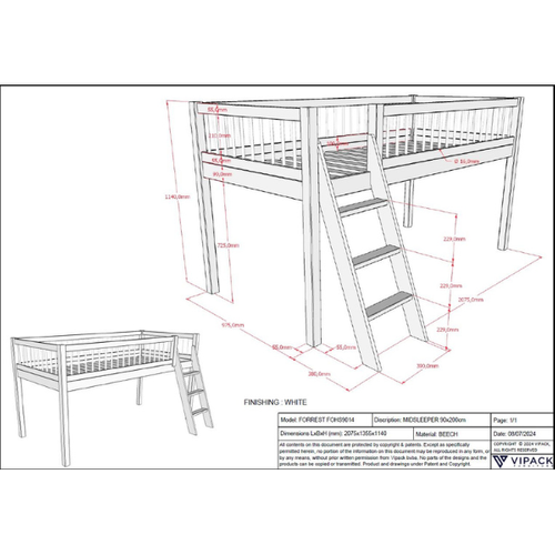 Lit Mi-haut Forrest 90x200cm - Bois De Hêtre Massif - Blanc