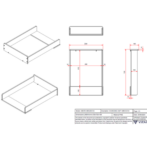 Commode Avec Planche à Langer Amori - 3 Tiroirs - Bois Pin - Blanc
