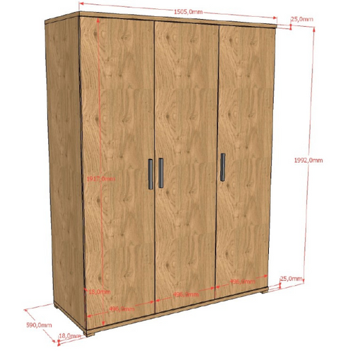 Armoire Sammie - 150x59x199cm - 3 Portes - Décor Chêne