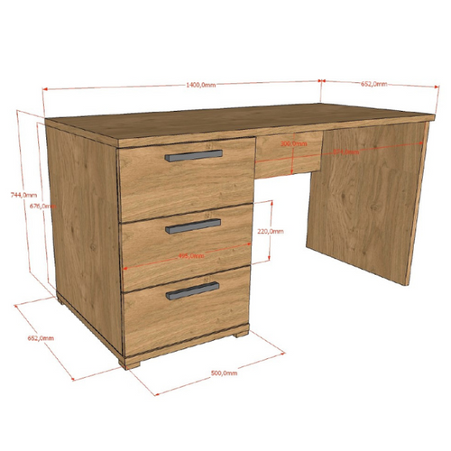 Bureau Sammie - 140x65x74cm - Avec Trois Tiroirs - Décor Chêne