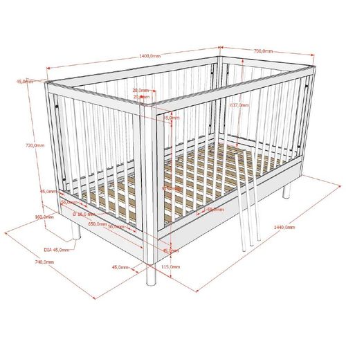 Lit De Bébé Forrest 70x140cm - Réglable - Bois De Hêtre Blanc