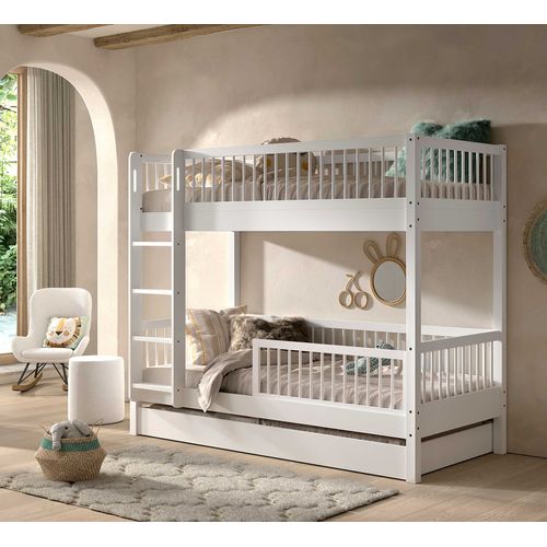 Lit Superposé Forrest 90x200cm Avec Tiroir Et Barrière De Lit - Bois De Hêtre Blanc