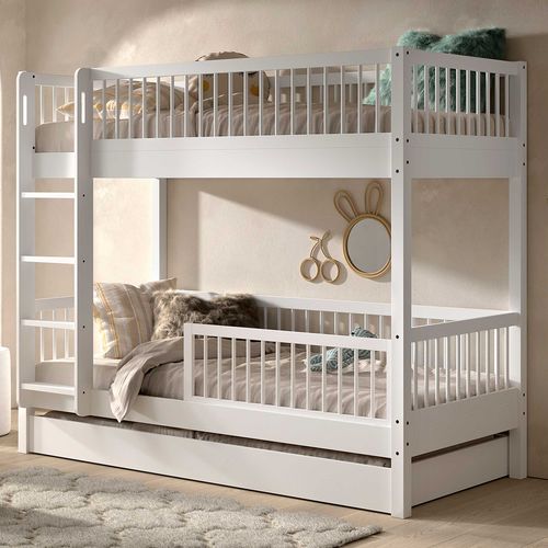 Lit Superposé Forrest 90x200cm Avec Tiroir Et Barrière De Lit - Bois De Hêtre Blanc