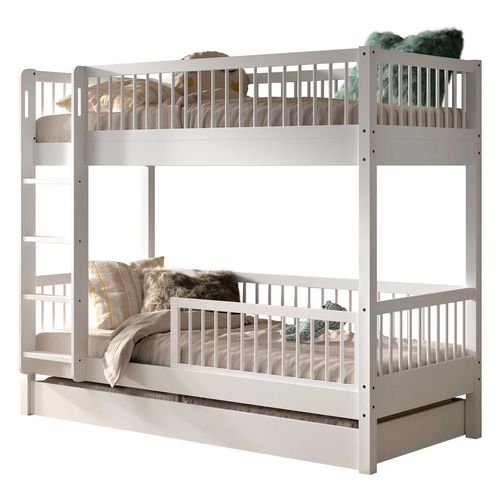 Lit Superposé Forrest 90x200cm Avec Tiroir Et Barrière De Lit - Bois De Hêtre Blanc