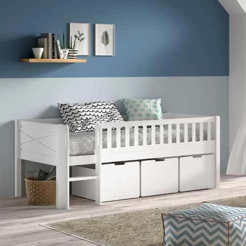 Lit Mi-hauteur Scottie 90x200cm - Avec Tiroirs De Rangment - Bois De Pin Blanc