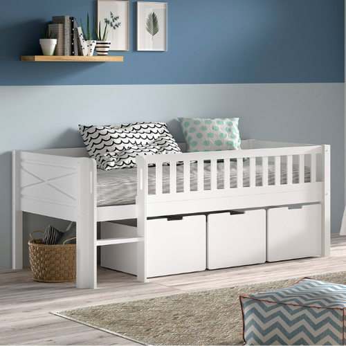 Lit Mi-hauteur Scottie 90x200cm - Avec Tiroirs De Rangment - Bois De Pin Blanc