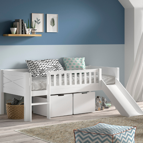 Lit Mi-hauteur Scottie 90x200cm - Avec Toboggan Et Tiroirs De Rangment - Bois De Pin Blanc