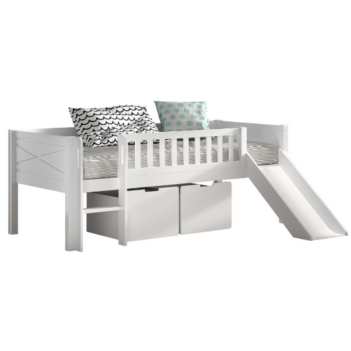 Lit Mi-hauteur Scottie 90x200cm - Avec Toboggan Et Tiroirs De Rangment - Bois De Pin Blanc