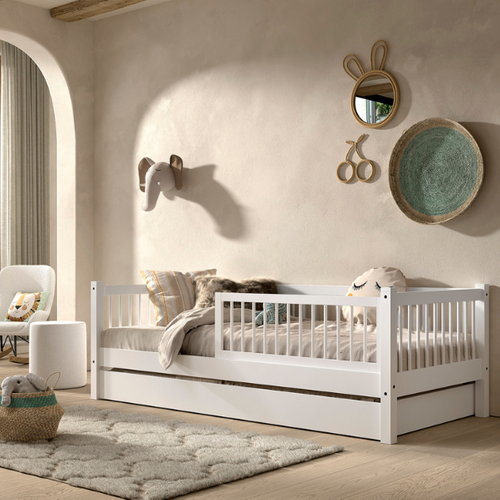 Lit Banquette Forrest 90x200cm Avec Barrière Et Tiroir De Lit - Bois De Hêtre Blanc