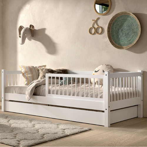 Lit Banquette Forrest 90x200cm Avec Barrière Et Tiroir De Lit - Bois De Hêtre Blanc