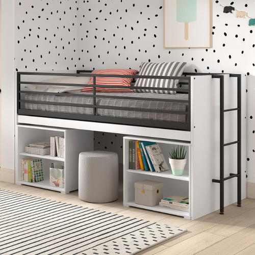 Lit Mi-hauteur Sammie 90x200cm - Avec Bureau Et Bibliothèques - Blanc