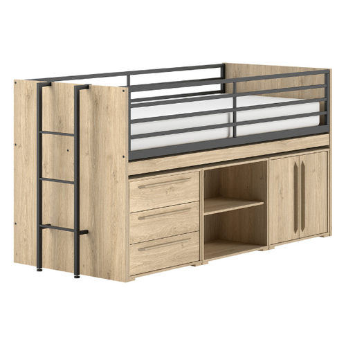 Lit Mi-hauteur Sammie 90x200cm - Avec Bureau Et Rangement - Décor Chêne