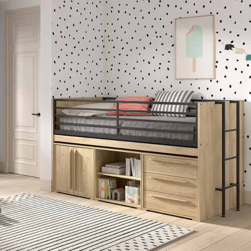 Lit Mi-hauteur Sammie 90x200cm - Avec Bureau Et Rangement - Décor Chêne