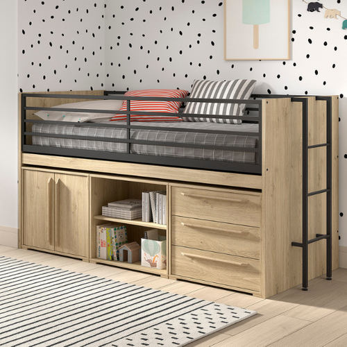 Lit Mi-hauteur Sammie 90x200cm - Avec Bureau Et Rangement - Décor Chêne