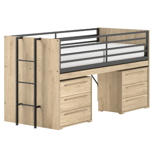 Lit Mi-hauteur Sammie 90x200cm - Avec Bureau Et Commodes - Décor Chêne