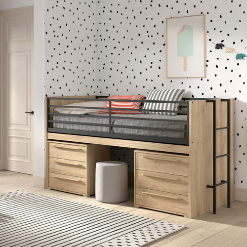 Lit Mi-hauteur Sammie 90x200cm - Avec Bureau Et Commodes - Décor Chêne