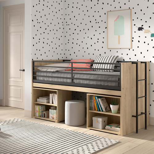 Lit Mi-hauteur Sammie 90x200cm - Avec Bureau Et Bibliothèques - Décor Chêne