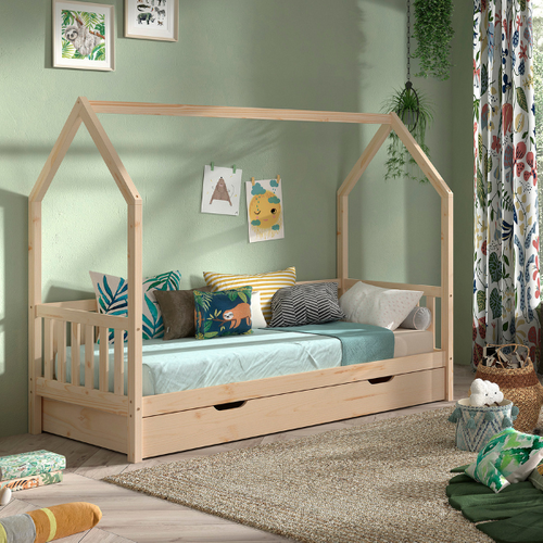 Maison-lit Home - 90x200cm - Avec Barrière - Avec Tiroir - Bois De Pin