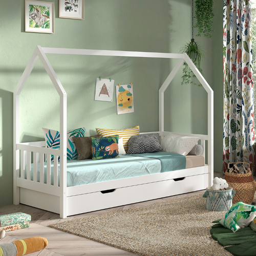 Maison-lit Home - 90x200cm - Avec Barrière - Avec Tiroir - Bois De Pin Blanc