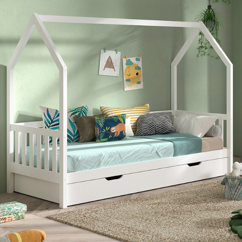 Maison-lit Home - 90x200cm - Avec Barrière - Avec Tiroir - Bois De Pin Blanc