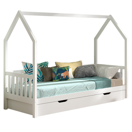 Maison-lit Home - 90x200cm - Avec Barrière - Avec Tiroir - Bois De Pin Blanc