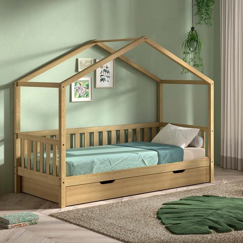 Lit Cabane Dallas - 90x200 Avec Tiroir De Lit - Bois De Chêne Massif