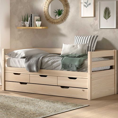 Lit Banquette Maggie - Avec 3 Tiroirs De Rangement Et Tiroir De Lit - 90 X 200cm - Bois Pin Massif -