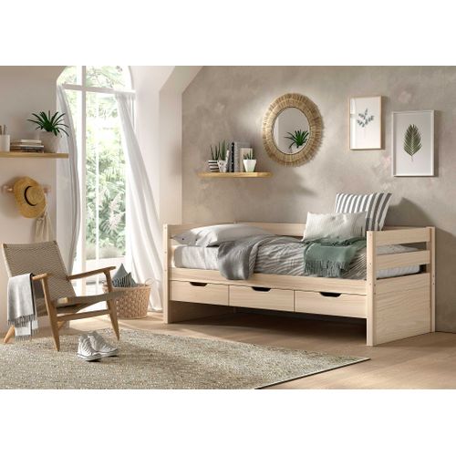 Lit Banquette Maggie - Avec 3 Tiroirs De Rangement Et Tiroir De Lit - 90 X 200cm - Bois Pin Massif -