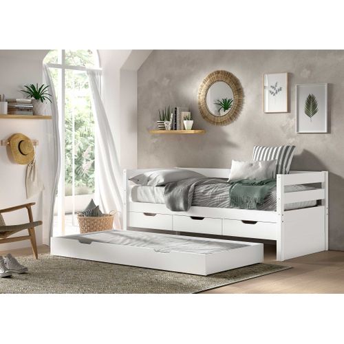 Lit Banquette Maggie - Avec 3 Tiroirs De Rangement Et Tiroir De Lit - 90 X 200cm - Bois Pin Massif -