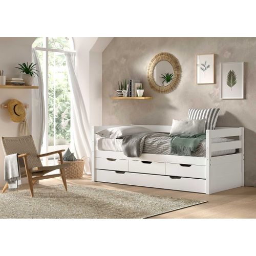 Lit Banquette Maggie - Avec 3 Tiroirs De Rangement Et Tiroir De Lit - 90 X 200cm - Bois Pin Massif -