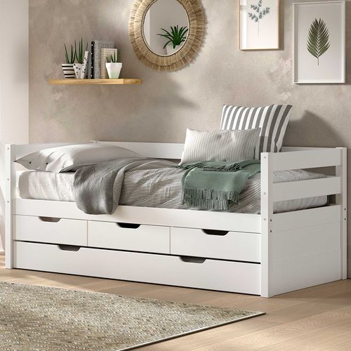 Lit Banquette Maggie - Avec 3 Tiroirs De Rangement Et Tiroir De Lit - 90 X 200cm - Bois Pin Massif -