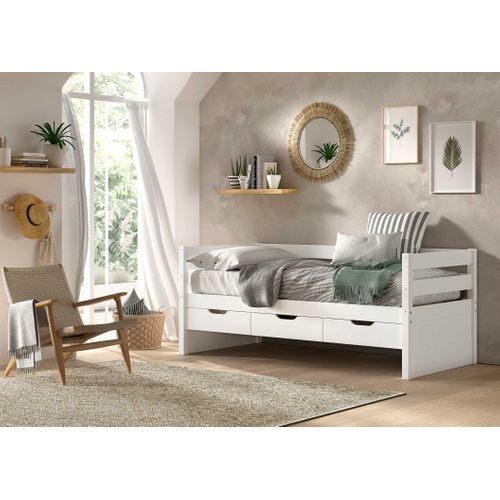 Lit Banquette Maggie - Avec 3 Tiroirs De Rangement Et Tiroir De Lit - 90 X 200cm - Bois Pin Massif -